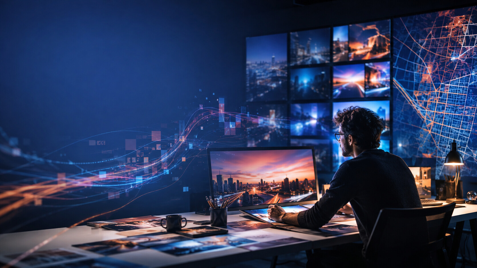 Studio creativo che orchestra una campagna tra AI, città e schermi digitali