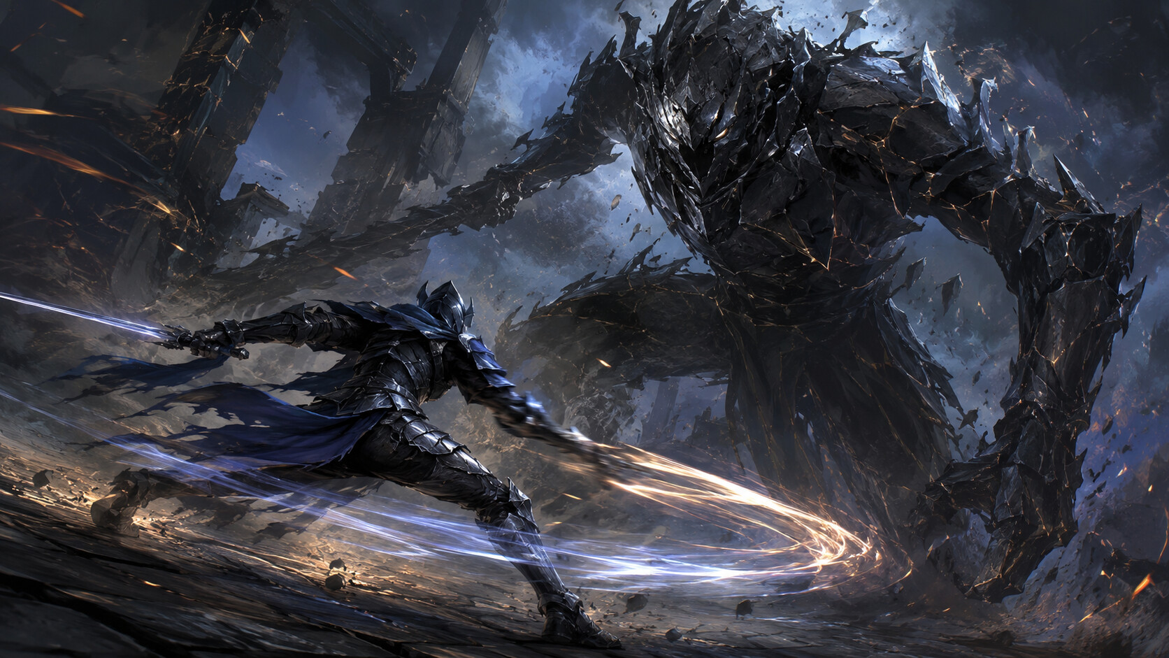 Guerriero corazzato che schiva e contrattacca un enorme avversario dark fantasy