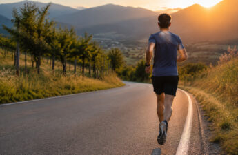 Tommi corre a ritmo aerobico su una strada al tramonto