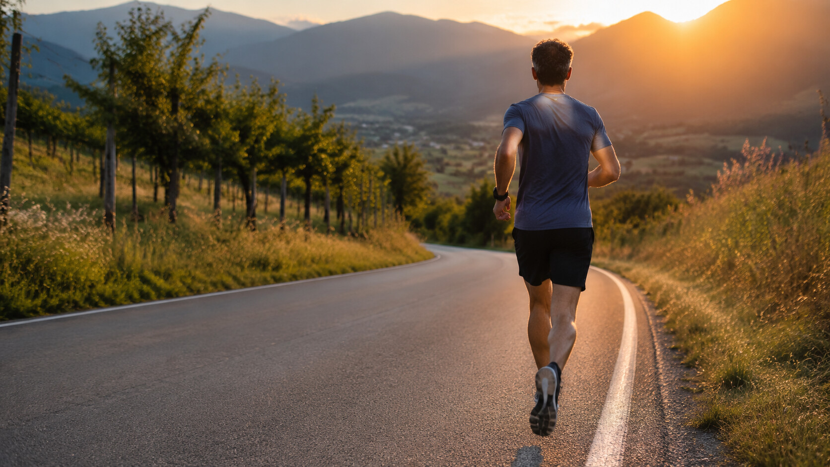 Tommi corre a ritmo aerobico su una strada al tramonto