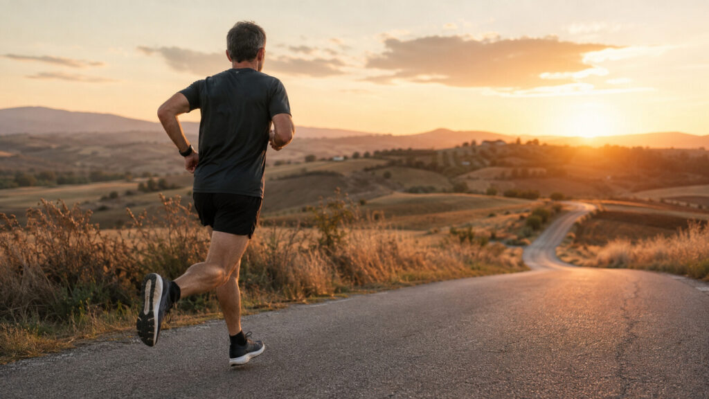Tommi corre al tramonto su una strada collinare
