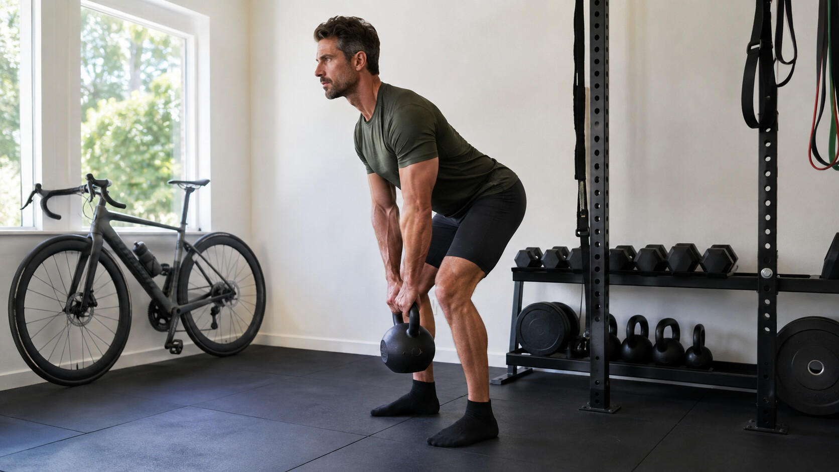 Tommi esegue un esercizio di forza funzionale con kettlebell dopo l’uscita in bici