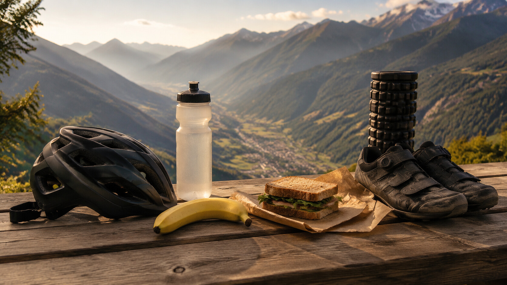 Casco, scarpe, borraccia, banana, panino e foam roller per il recupero di Tommi dopo l’uscita lunga