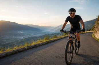 Tommi affronta in mountain bike una salita panoramica in Valtellina durante un allenamento endurance
