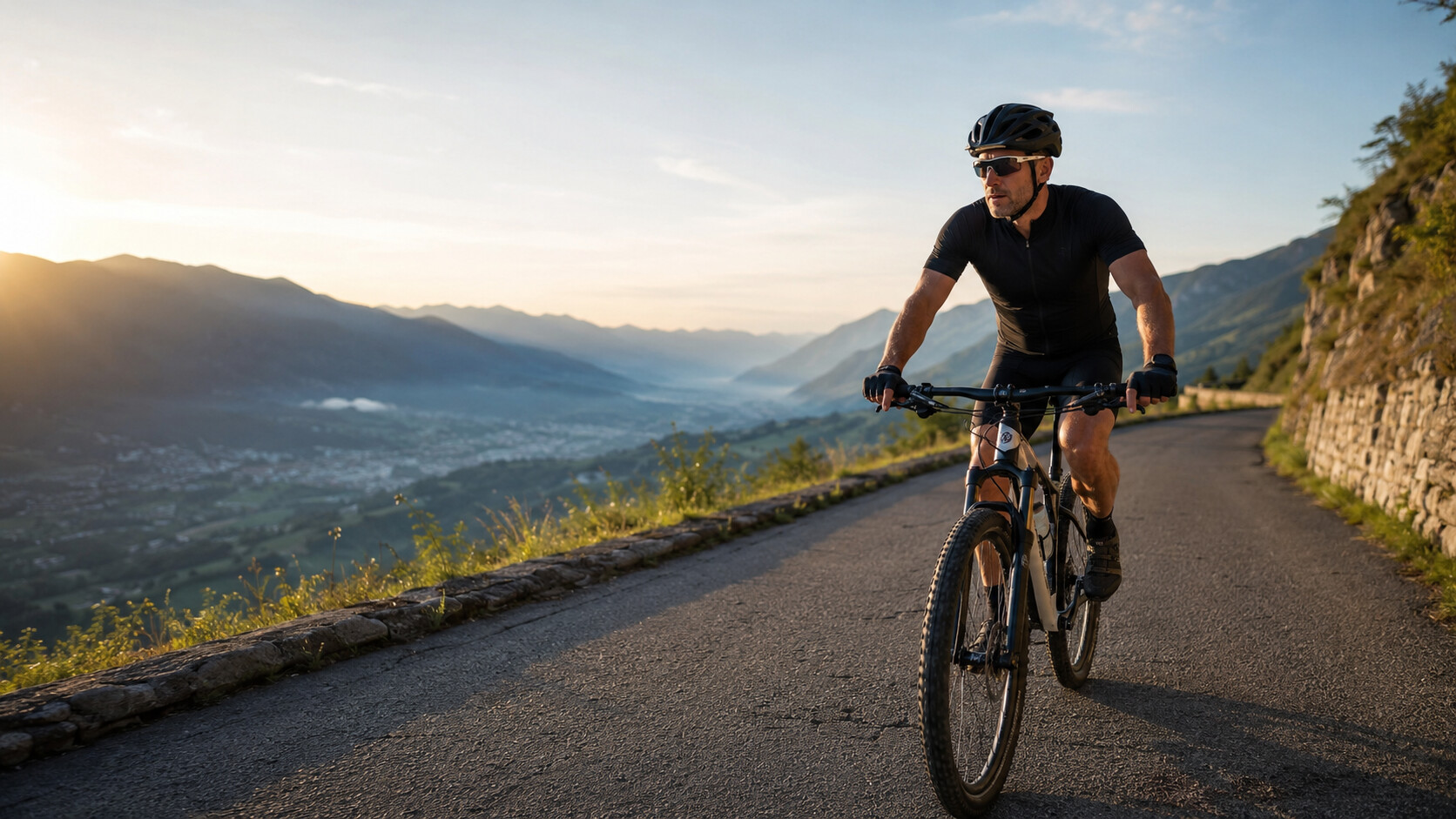 Tommi affronta in mountain bike una salita panoramica in Valtellina durante un allenamento endurance
