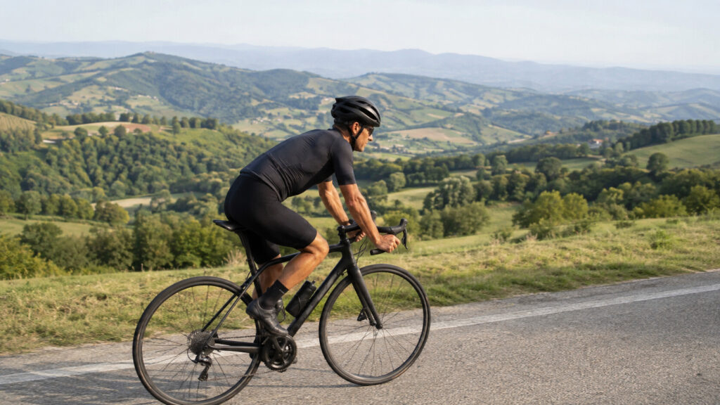 Tommi pedala a ritmo controllato su una strada collinare