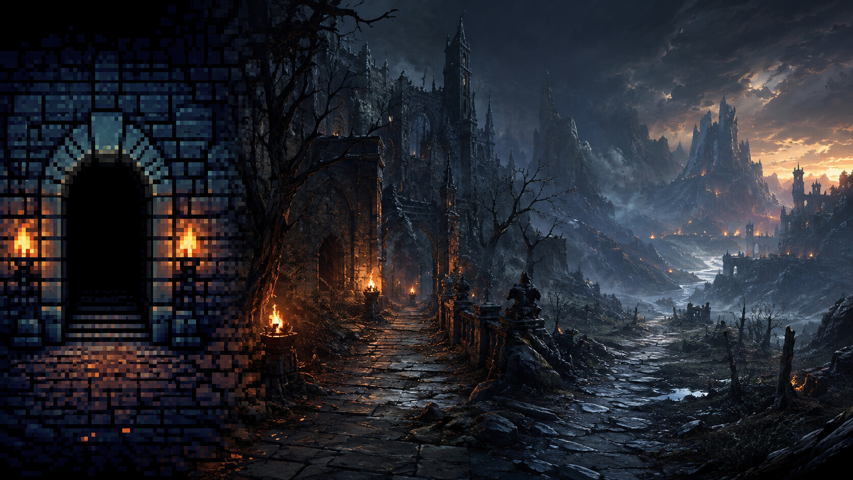 Paesaggio videoludico che evolve dalla pixel art anni Novanta al dark fantasy moderno