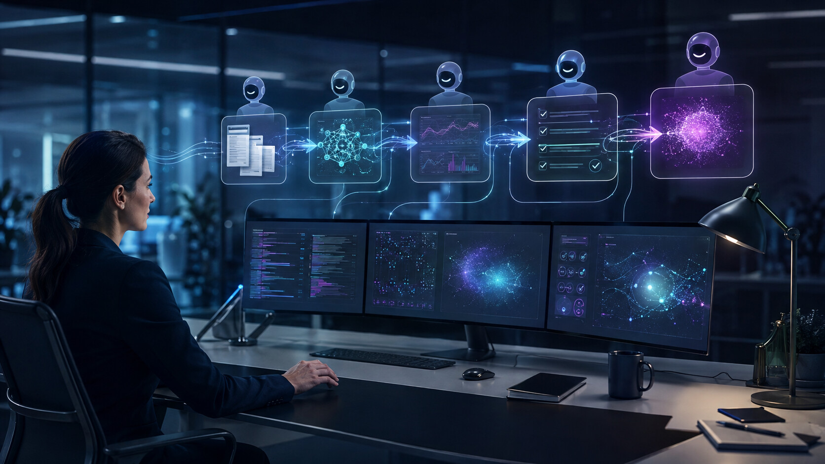 Professionista che supervisiona un workflow composto da più agenti AI
