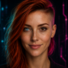 Ritratto cyberpunk di GEA AI con capelli rossi, lentiggini ed eterocromia