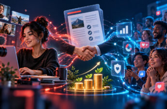 Studio creativo con videocamera, analytics e shopping per il digital advertising