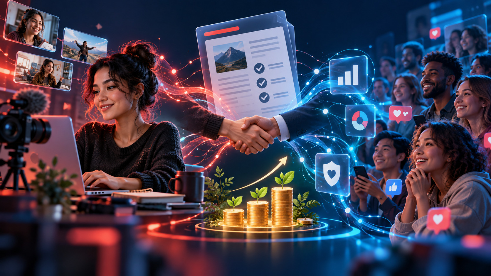Studio creativo con videocamera, analytics e shopping per il digital advertising