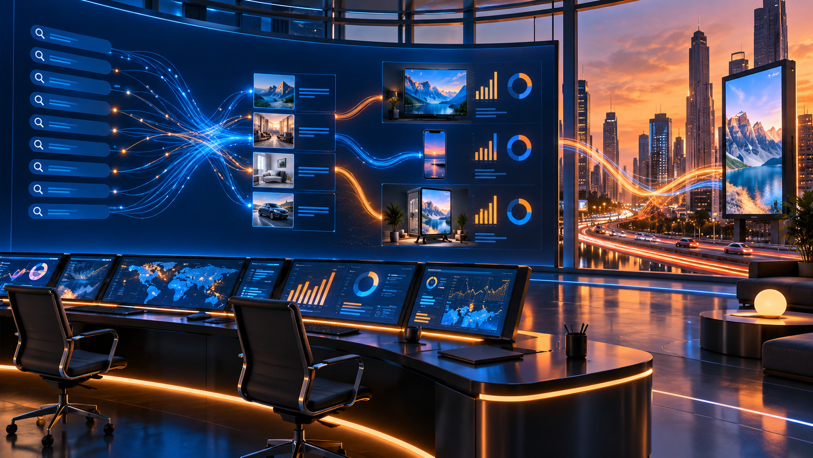 Dashboard astratta di advertising digitale automatizzato su più canali