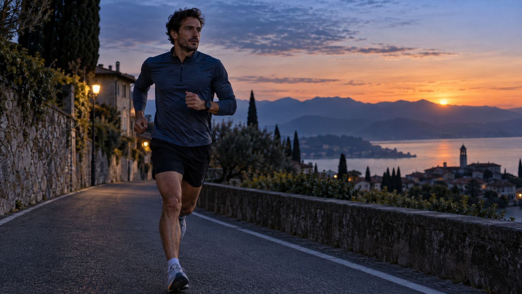Runner durante una corsa veloce nelle prime luci del mattino
