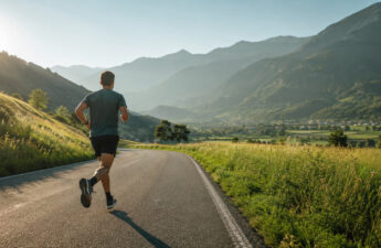 Tommi corre al mattino in una valle alpina durante un allenamento aerobico
