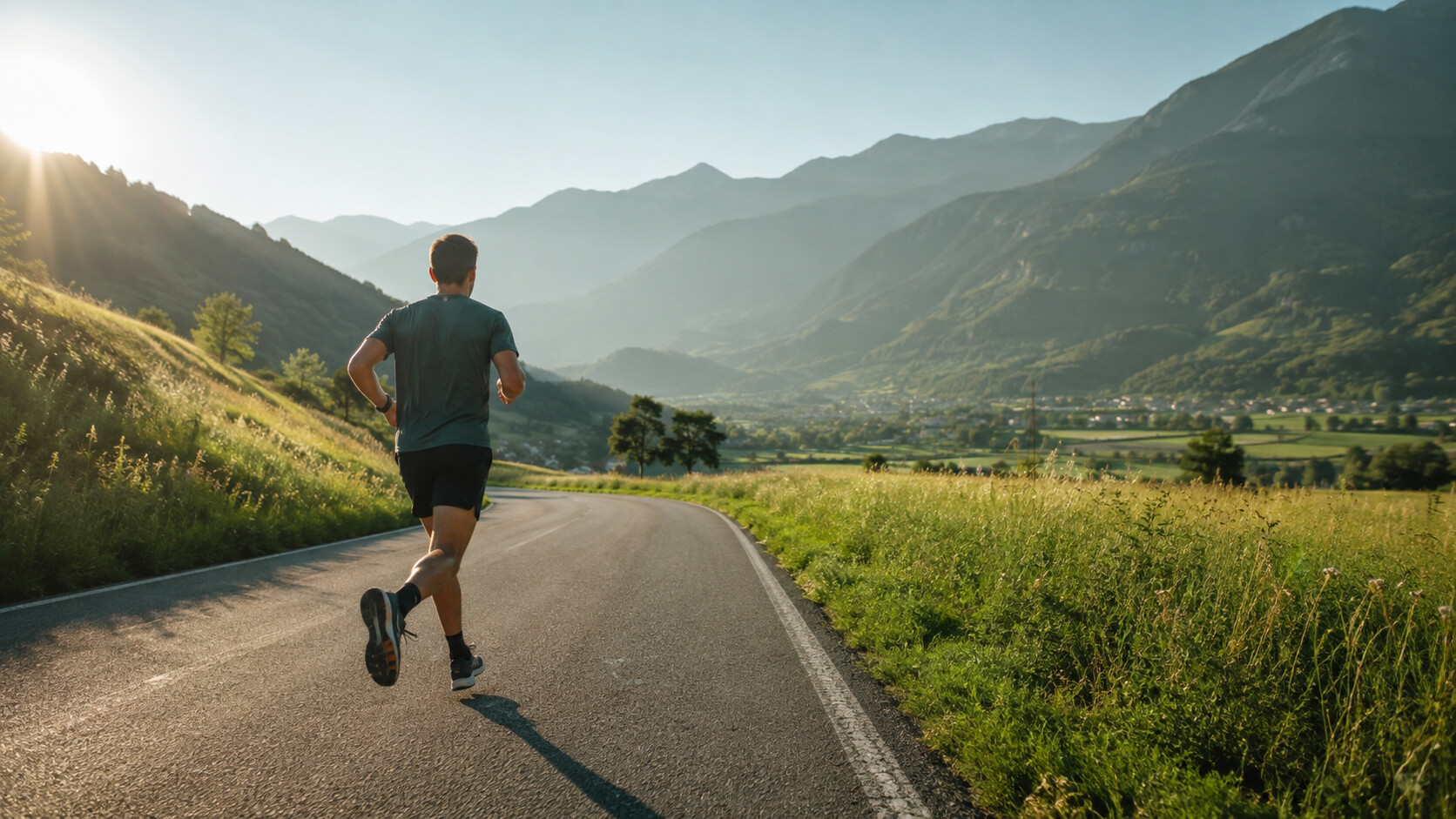 Tommi corre al mattino in una valle alpina durante un allenamento aerobico