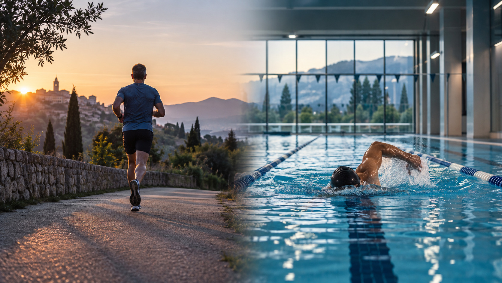 Atleta endurance tra corsa all’alba e nuoto in piscina