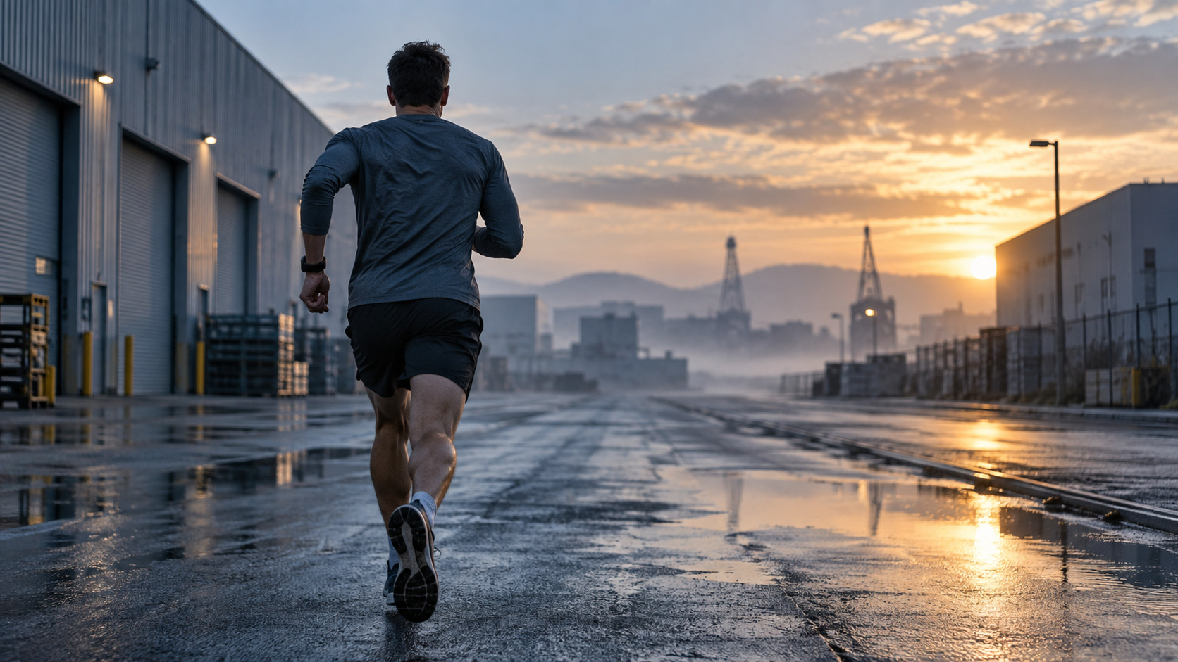 Atleta anonimo durante una corsa veloce in area industriale