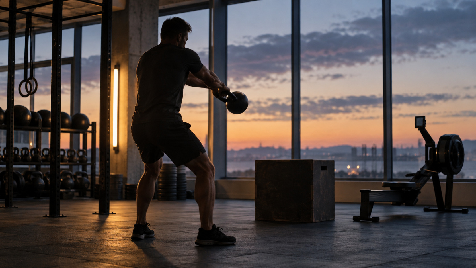 Atleta anonimo durante un allenamento CrossFit mattutino
