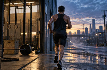 Atleta anonimo tra CrossFit e corsa in area industriale all’alba