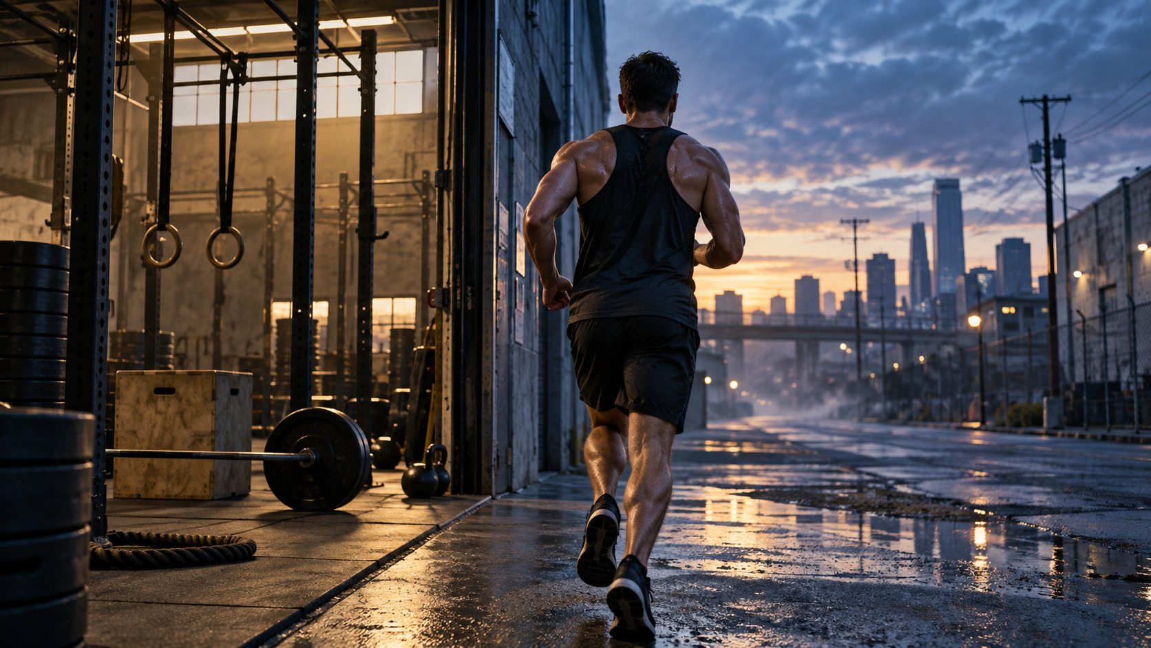 Atleta anonimo tra CrossFit e corsa in area industriale all’alba