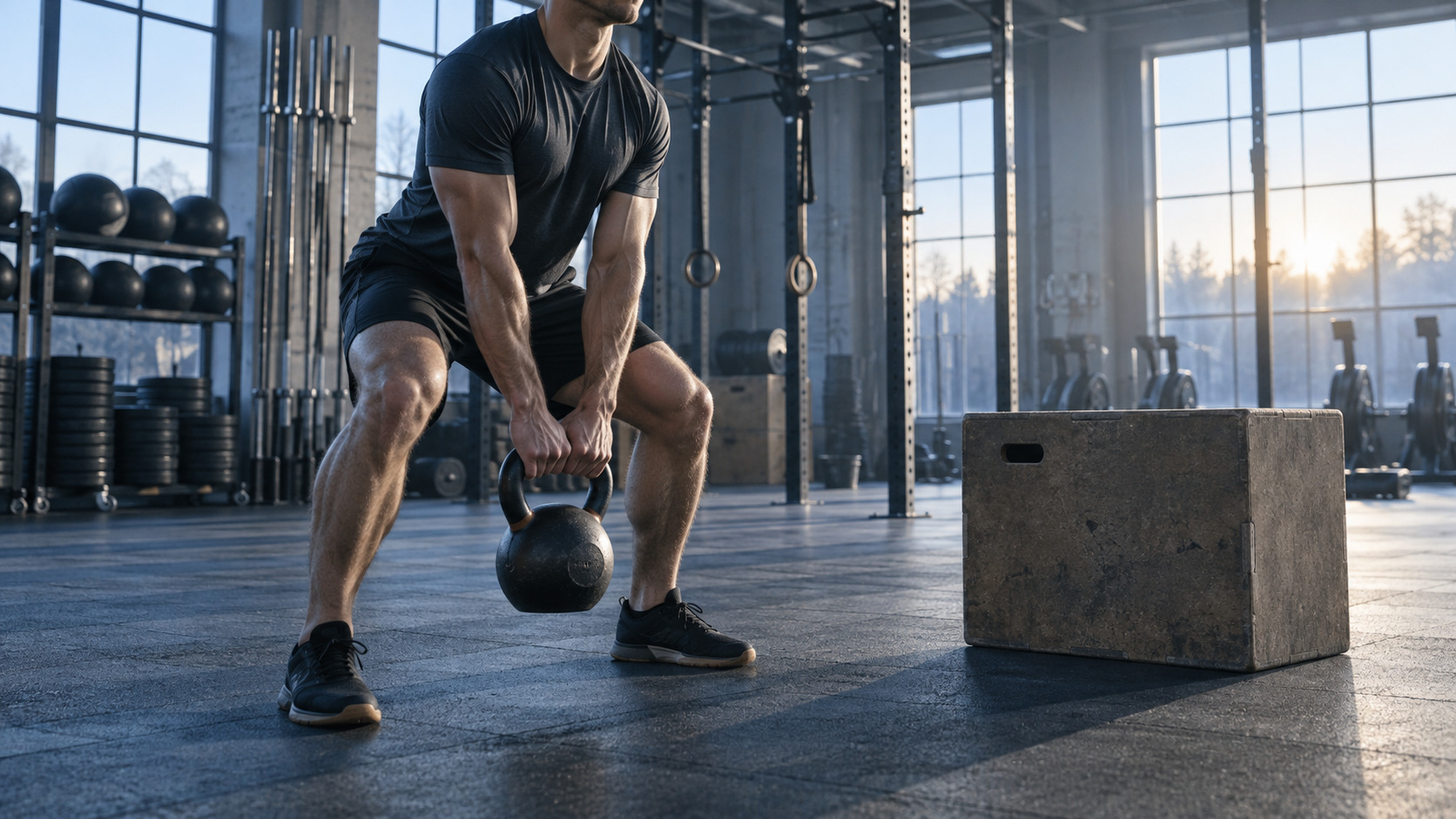 Atleta anonimo durante una seduta di CrossFit mattutina con kettlebell