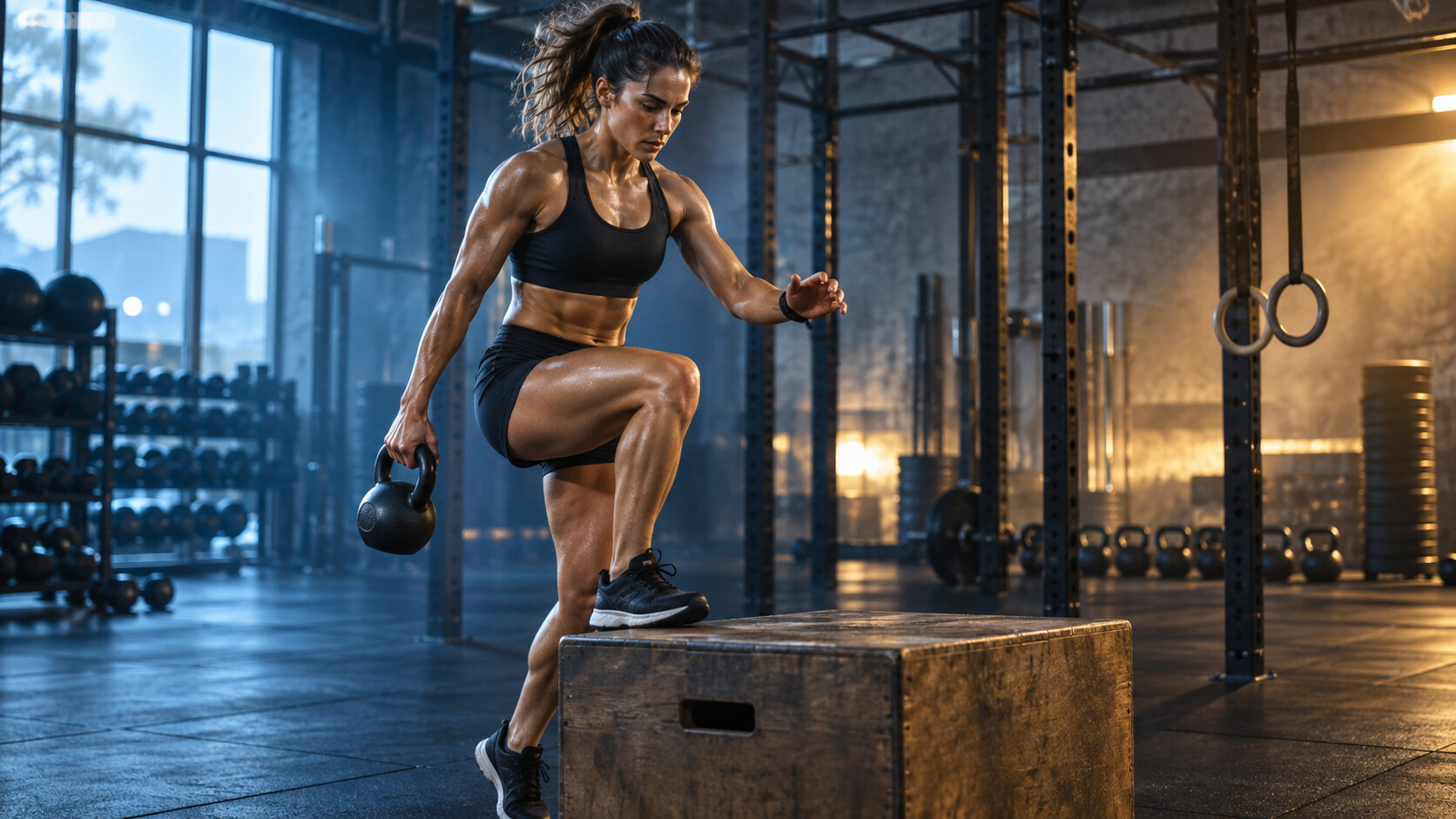 Atleta durante un esercizio funzionale con kettlebell e box