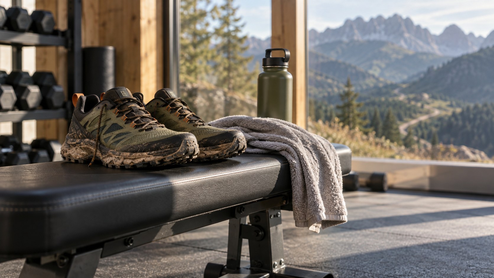 Scarpe da trail vicino a una panca in palestra, scena illustrativa
