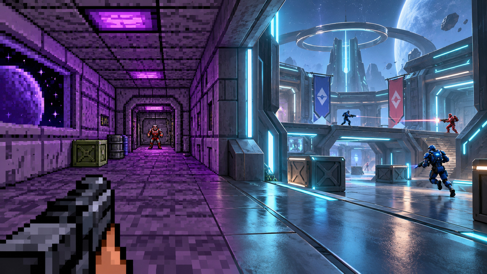 Corridoio fantascientifico anni Novanta che si trasforma in un'arena multiplayer moderna