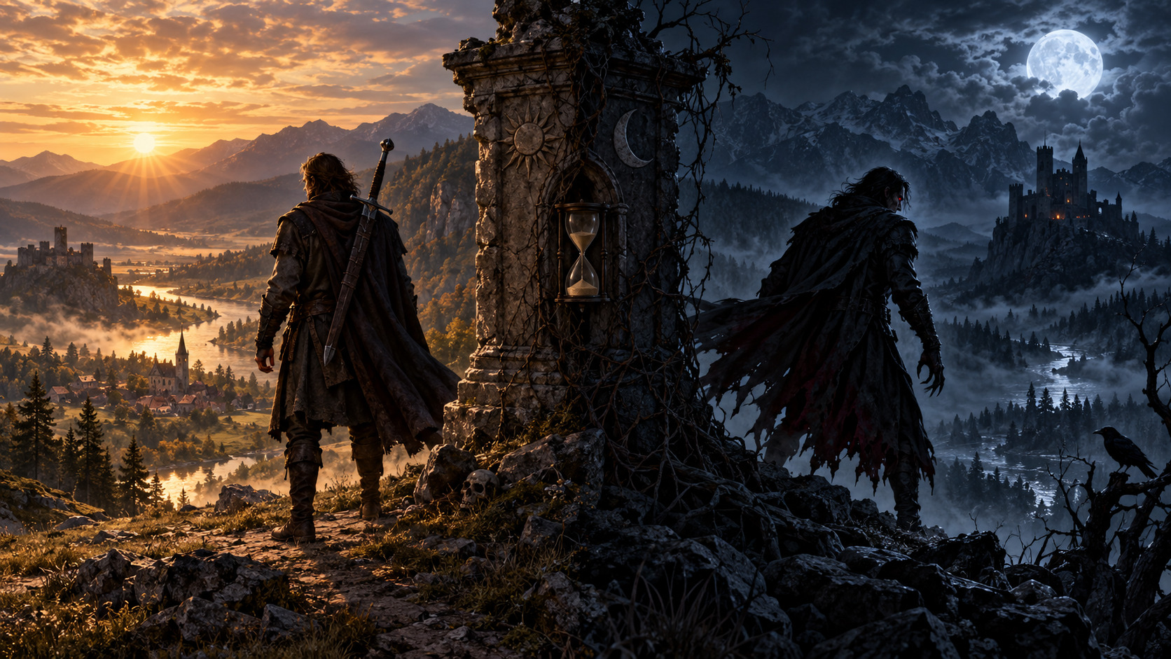 Paesaggio dark fantasy diviso tra il giorno umano e la notte vampirica