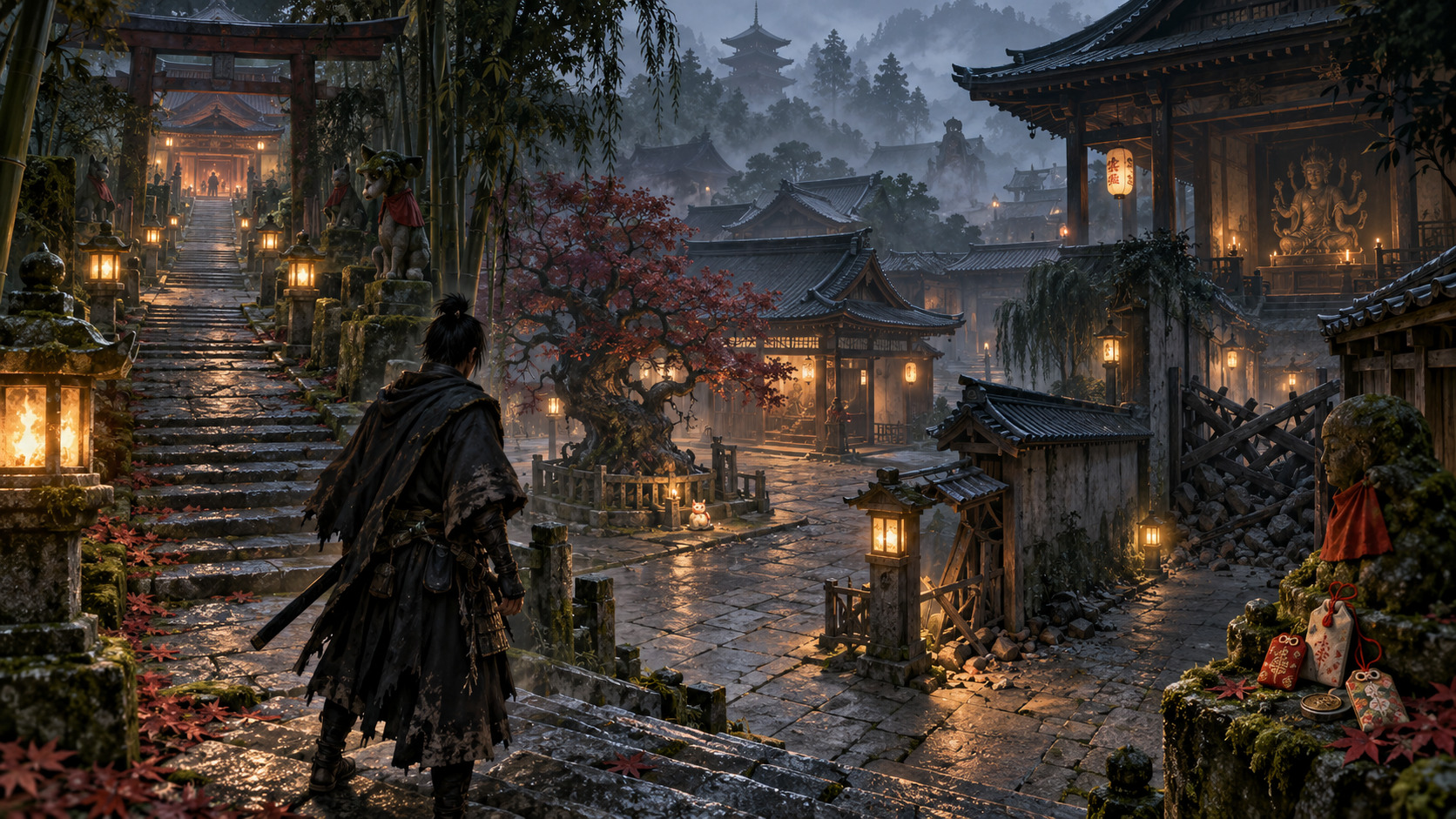 Samurai originale che esplora un quartiere di Kyoto tra templi e vicoli bloccati