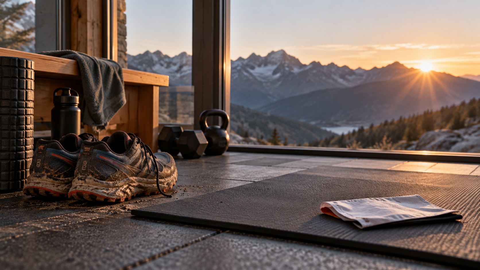 Scarpe da trail e attrezzatura leggera in palestra, immagine illustrativa del recupero dopo UTLM