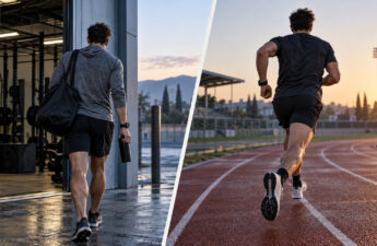 Tommi rappresentato in modo anonimo tra una palestra funzionale e una pista di atletica all’alba