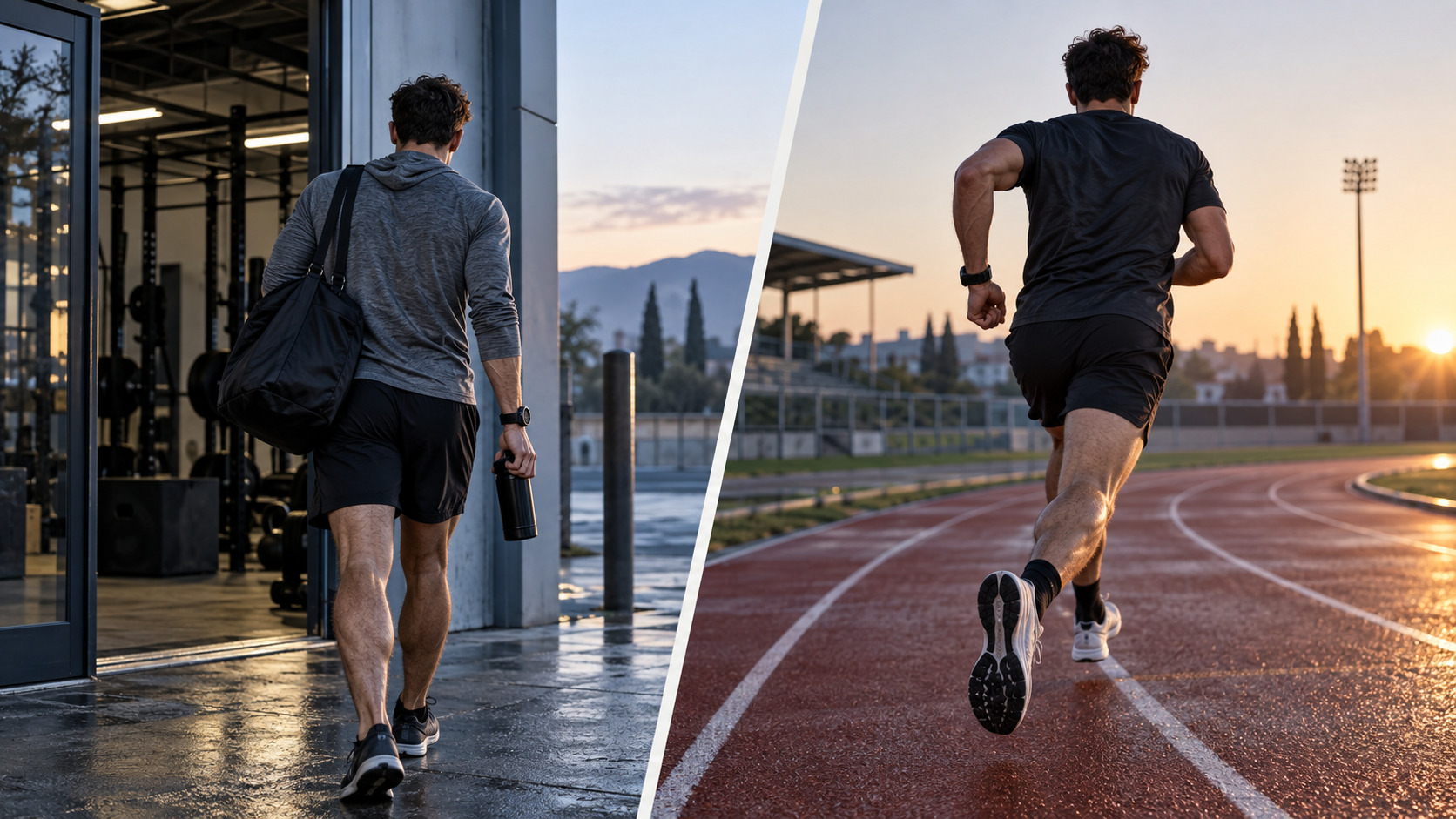 Tommi rappresentato in modo anonimo tra una palestra funzionale e una pista di atletica all’alba
