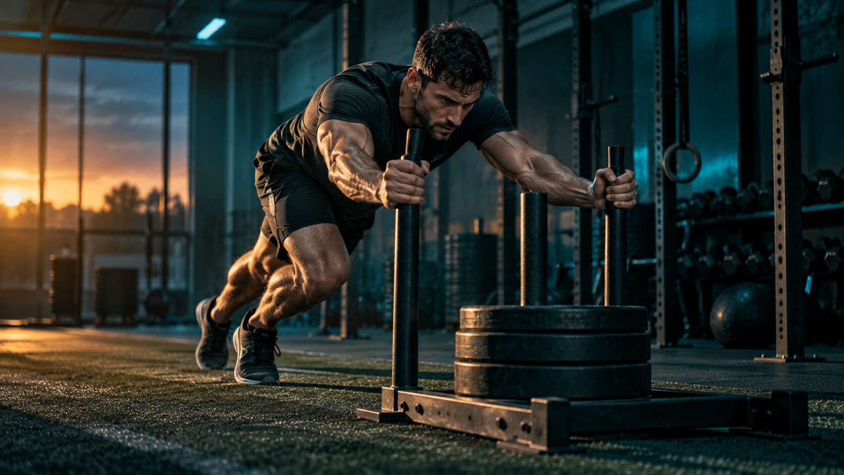 Tommi affronta un circuito HIIT intenso e controllato in palestra all’alba