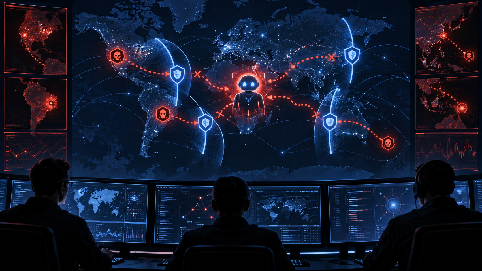 Mappa astratta di minacce informatiche generate con sistemi di intelligenza artificiale