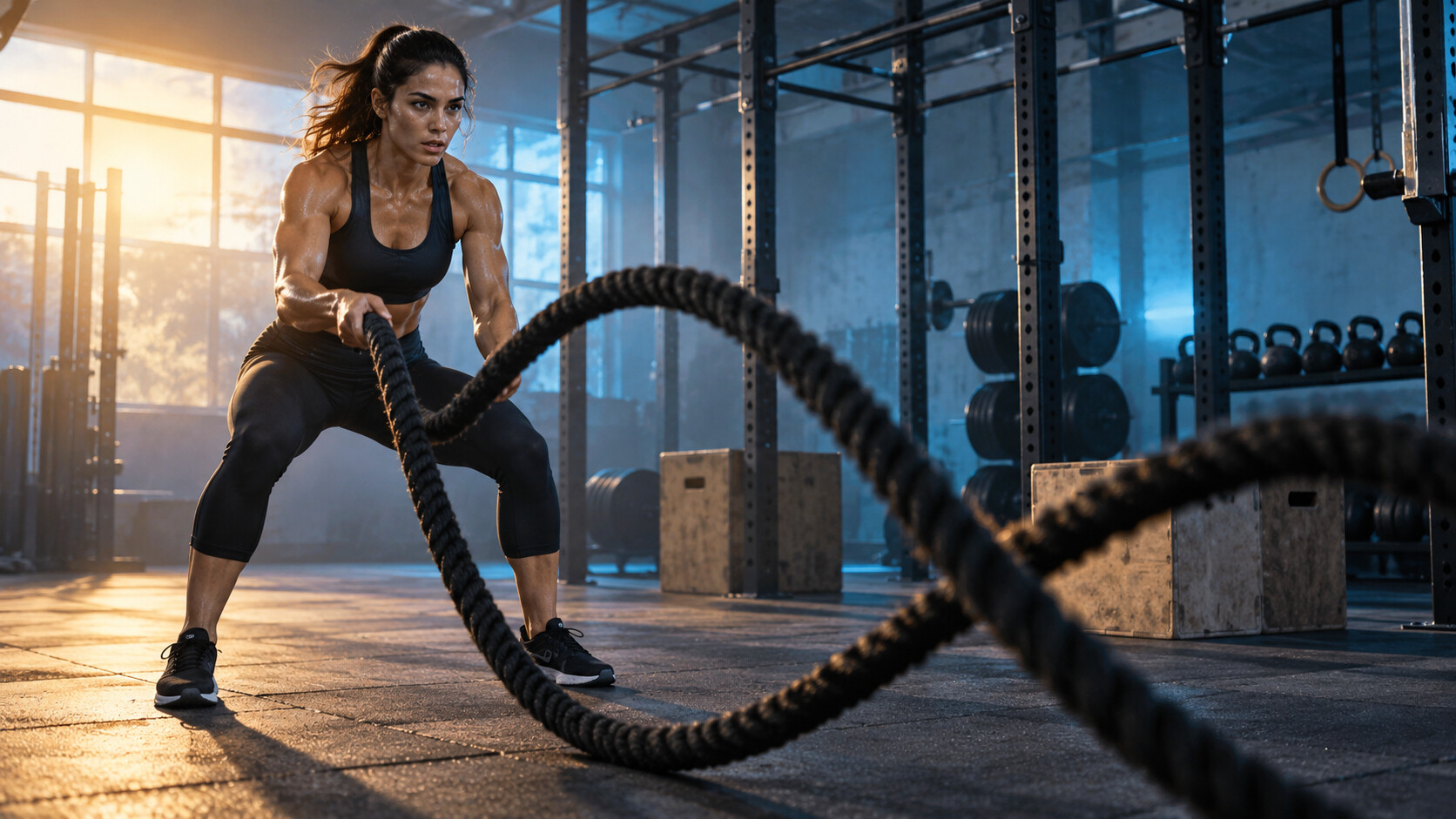 Atleta durante intervalli HIIT con battle rope in palestra