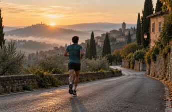 Tommi corre un lungo mattutino su una strada italiana al sorgere del sole