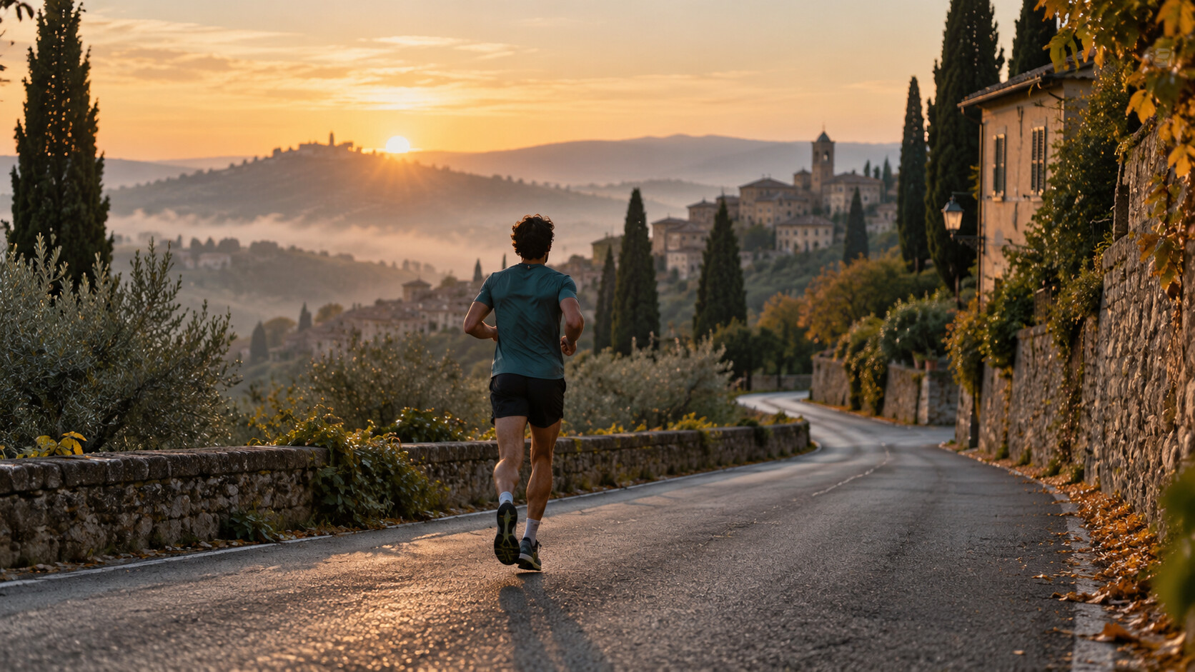 Tommi corre un lungo mattutino su una strada italiana al sorgere del sole