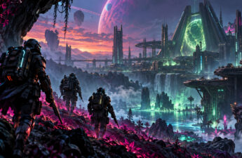Squadra futuristica in avvicinamento a una colonia aliena illuminata al neon