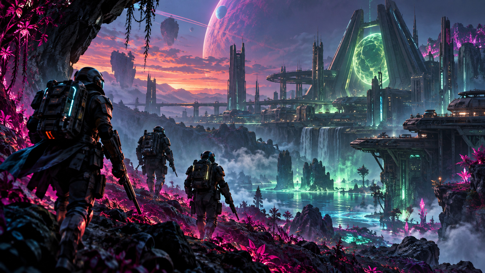Squadra futuristica in avvicinamento a una colonia aliena illuminata al neon