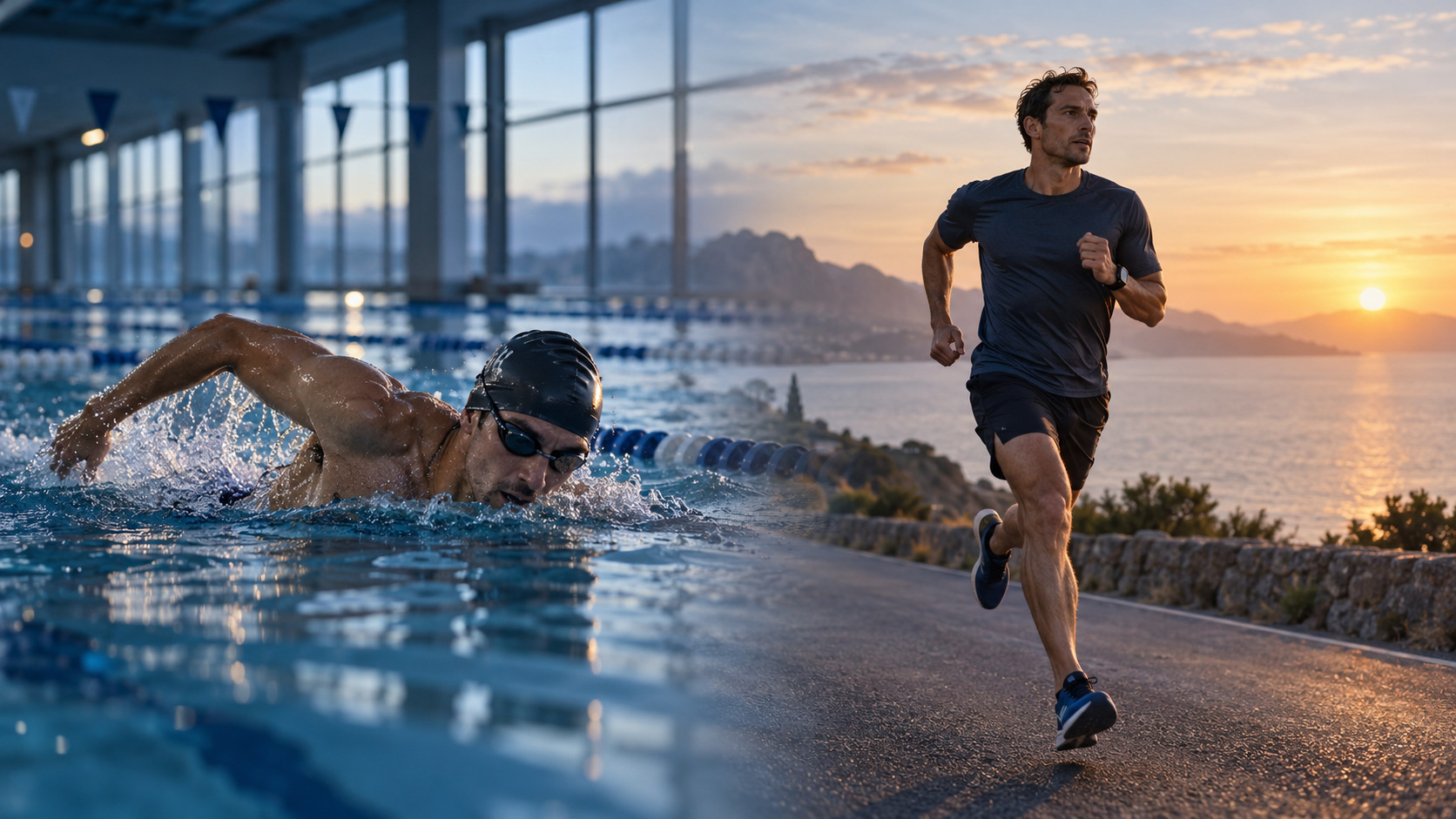 Atleta endurance tra nuoto in piscina e corsa all’alba