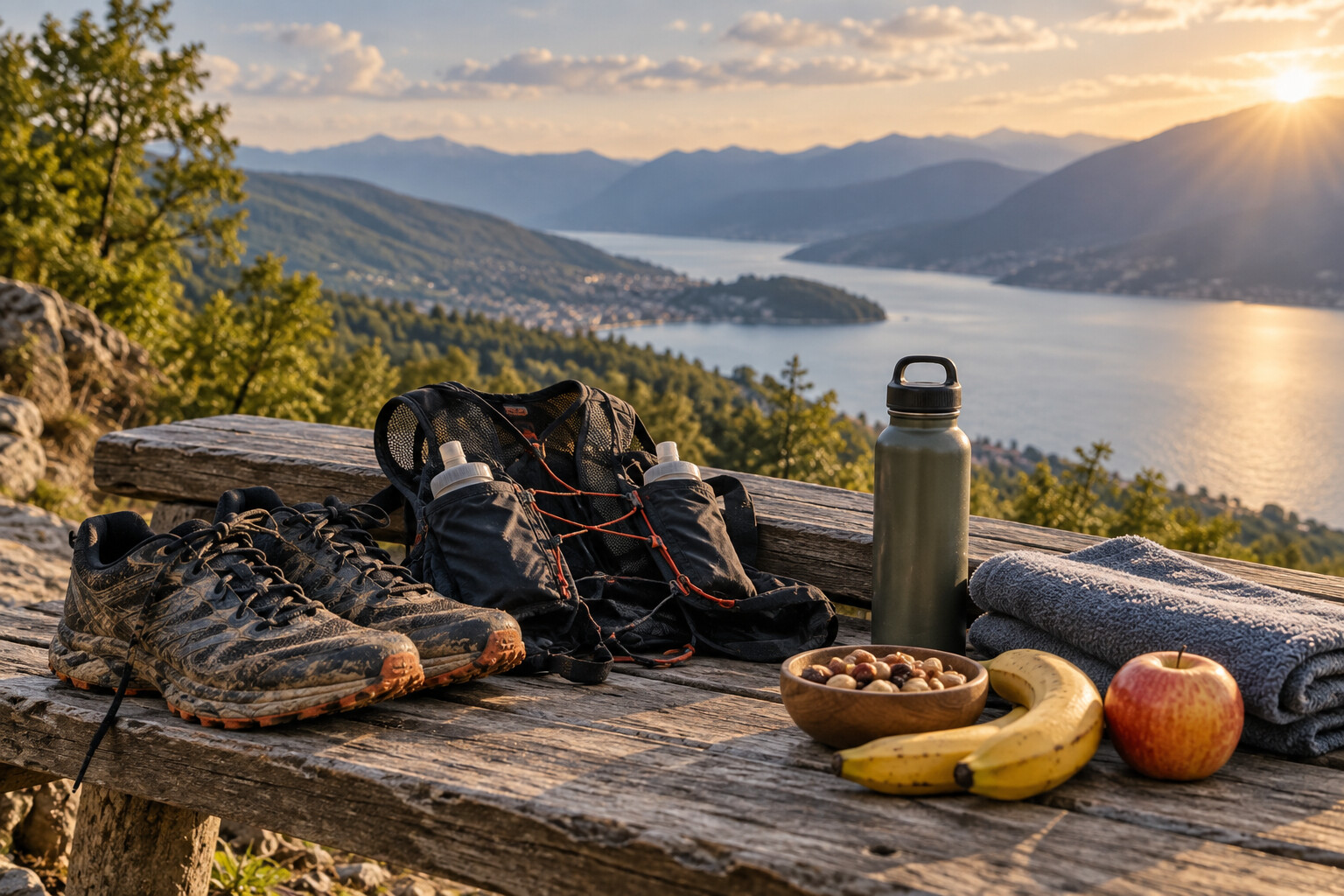 Scarpe da trail, zaino idrico e cibo per il recupero su una panchina panoramica