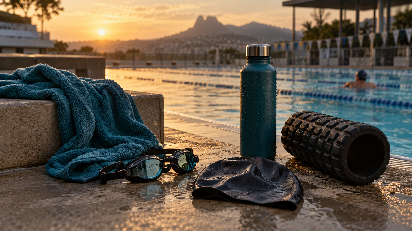 Occhialini, cuffia, asciugamano e foam roller a bordo piscina