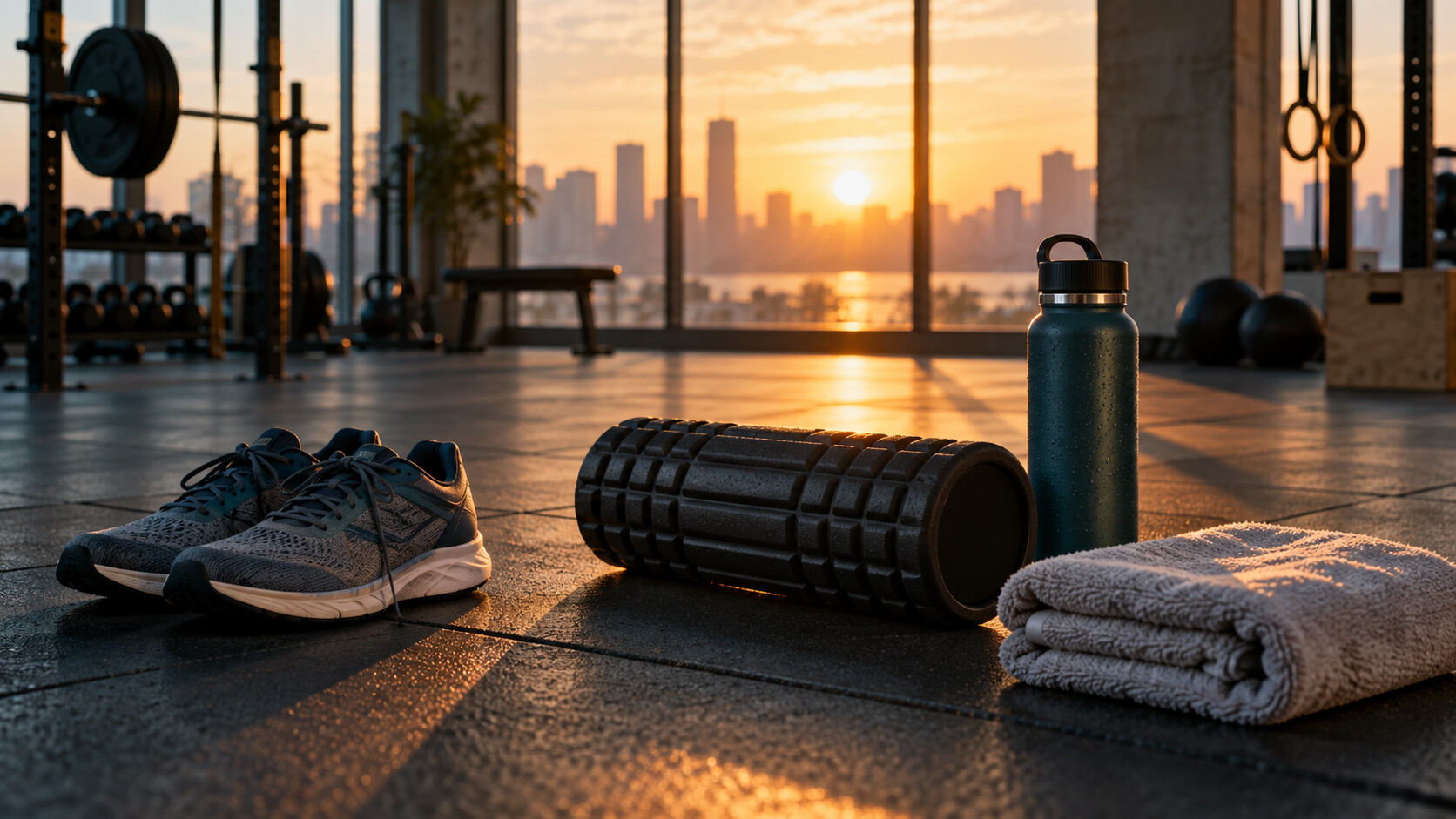 Scarpe, foam roller, borraccia e asciugamano per il recupero dopo HIIT