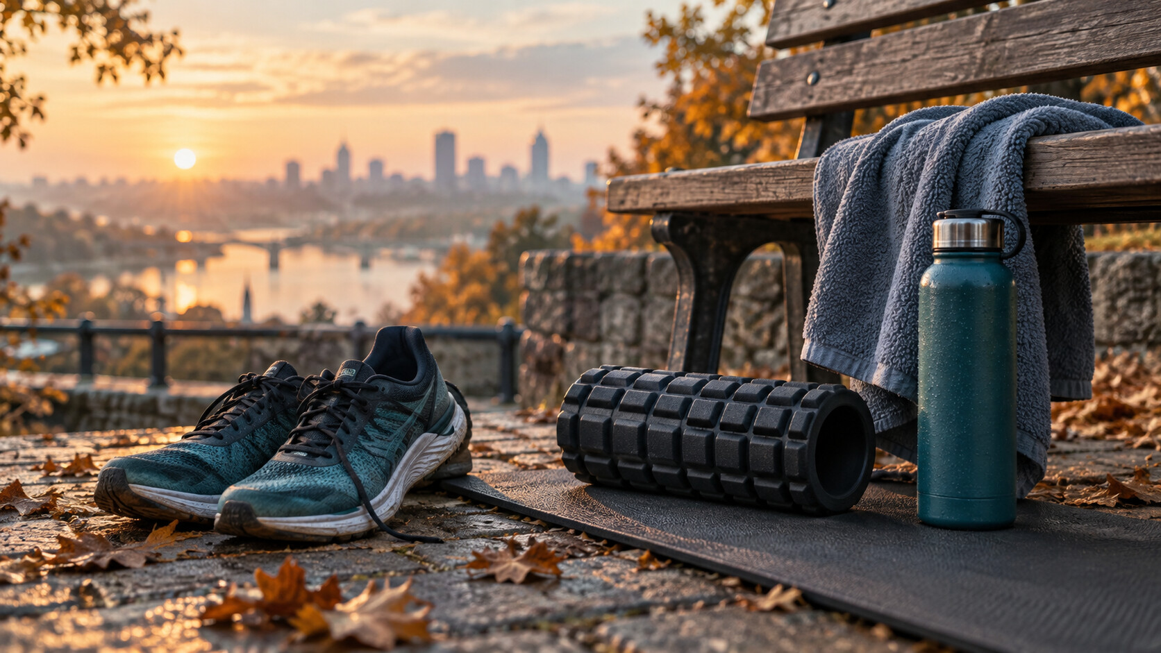 Scarpe da corsa, foam roller e borraccia per il recupero dopo il lungo