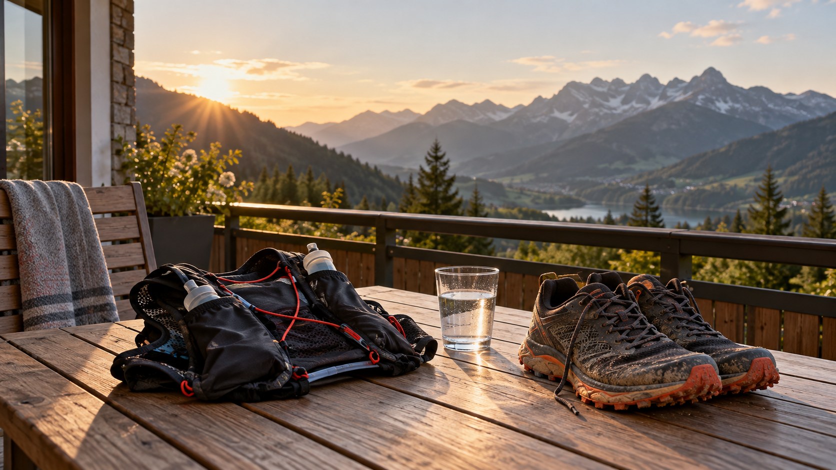 Scarpe e gilet da trail in un momento di recupero, scena illustrativa