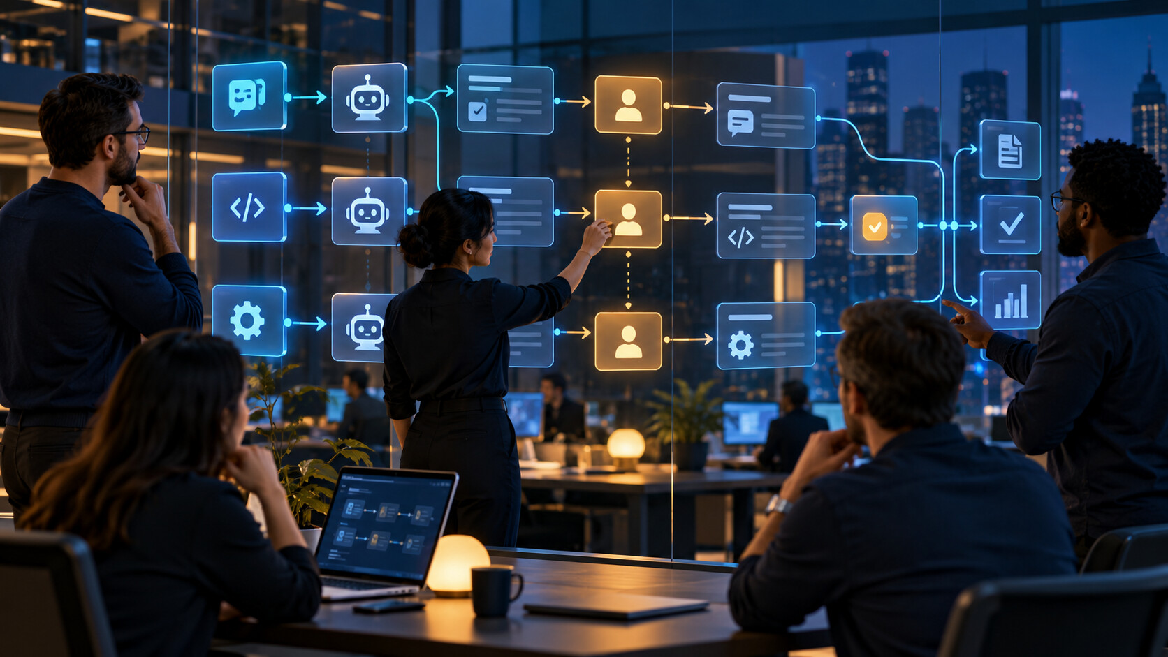 Team che progetta workflow con agenti AI, approvazioni umane e audit