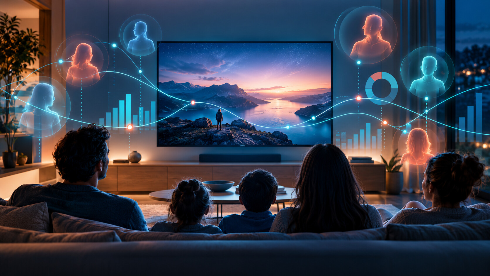 Famiglia davanti alla connected TV con visualizzazione della misurazione dell'audience