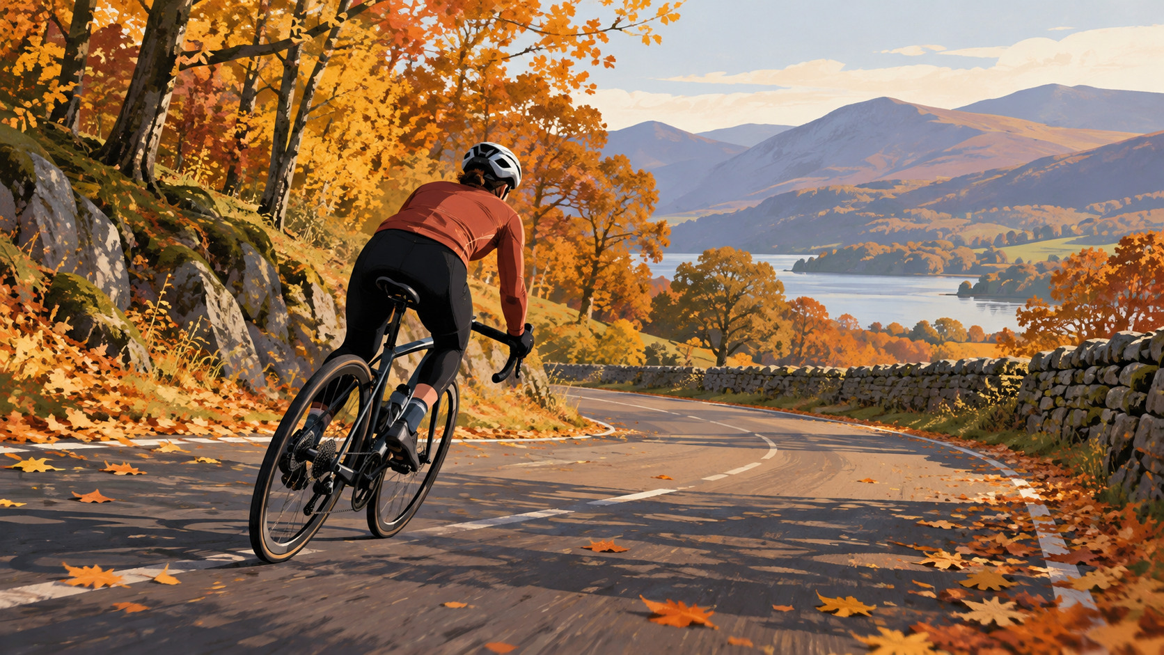 Illustrazione generata di un ciclista su strada autunnale, non ritrae Tommi