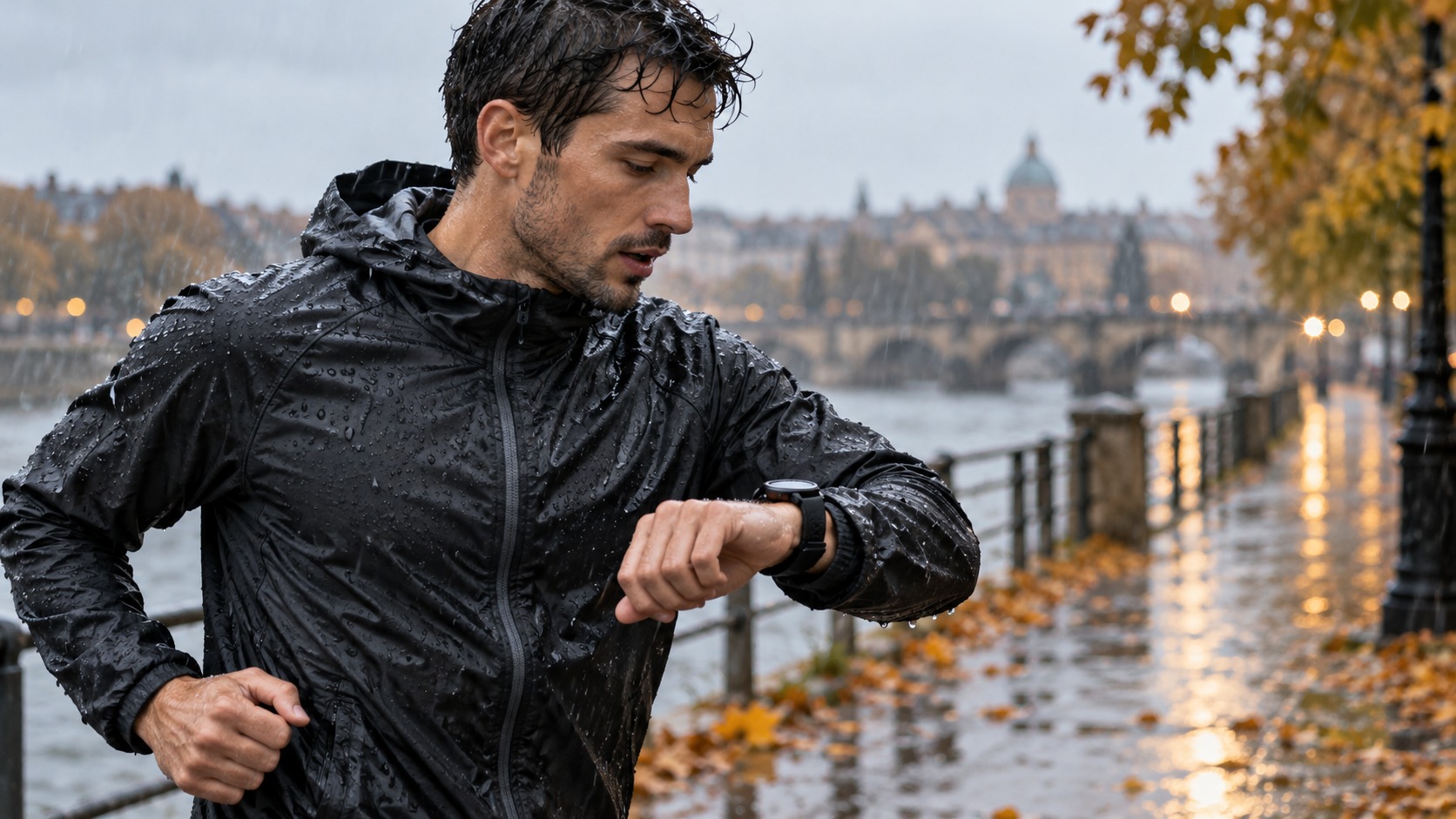 Illustrazione di un runner che controlla l’orologio sotto la pioggia